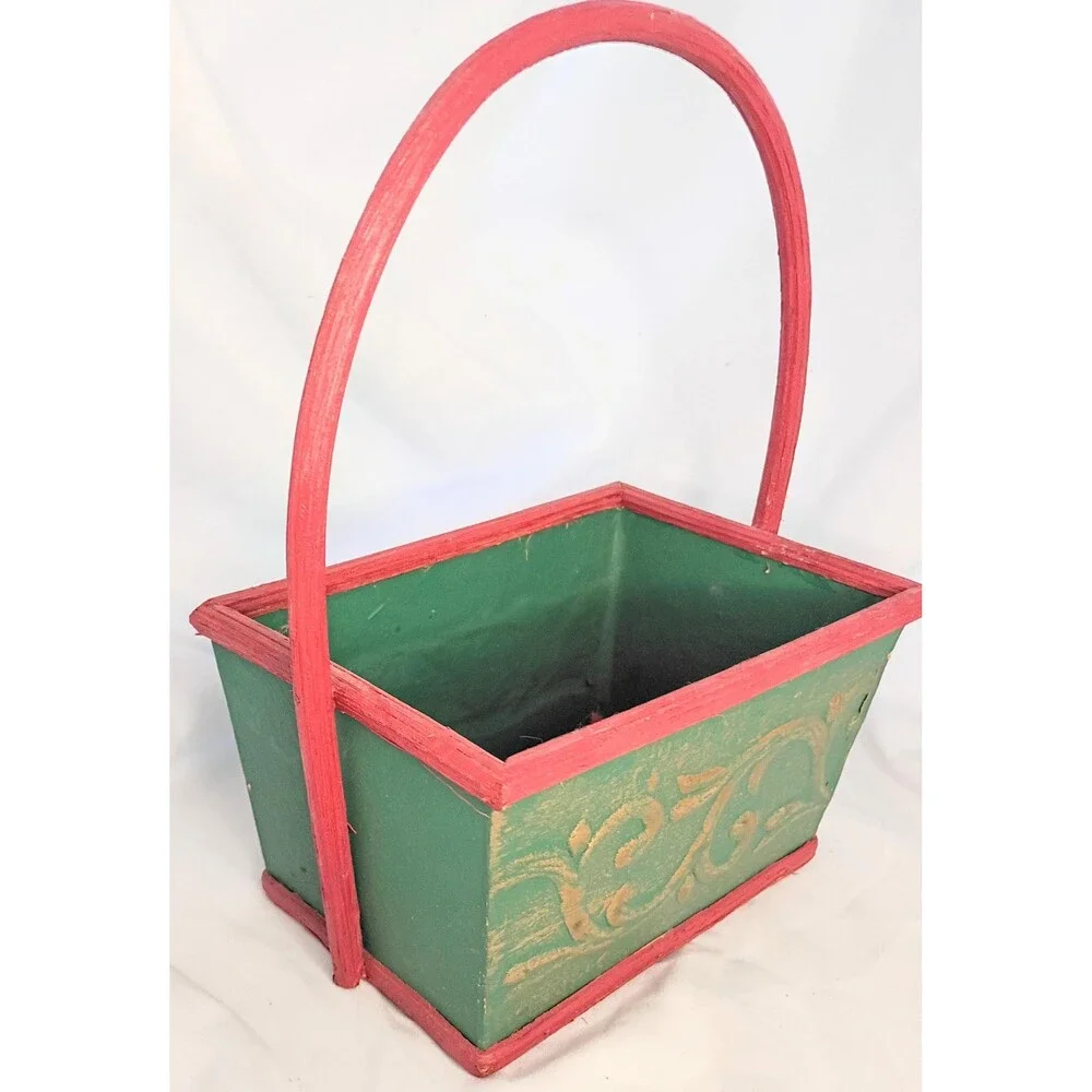 Vintage Red, Green, Gold Holiday Wood Basket Decor
